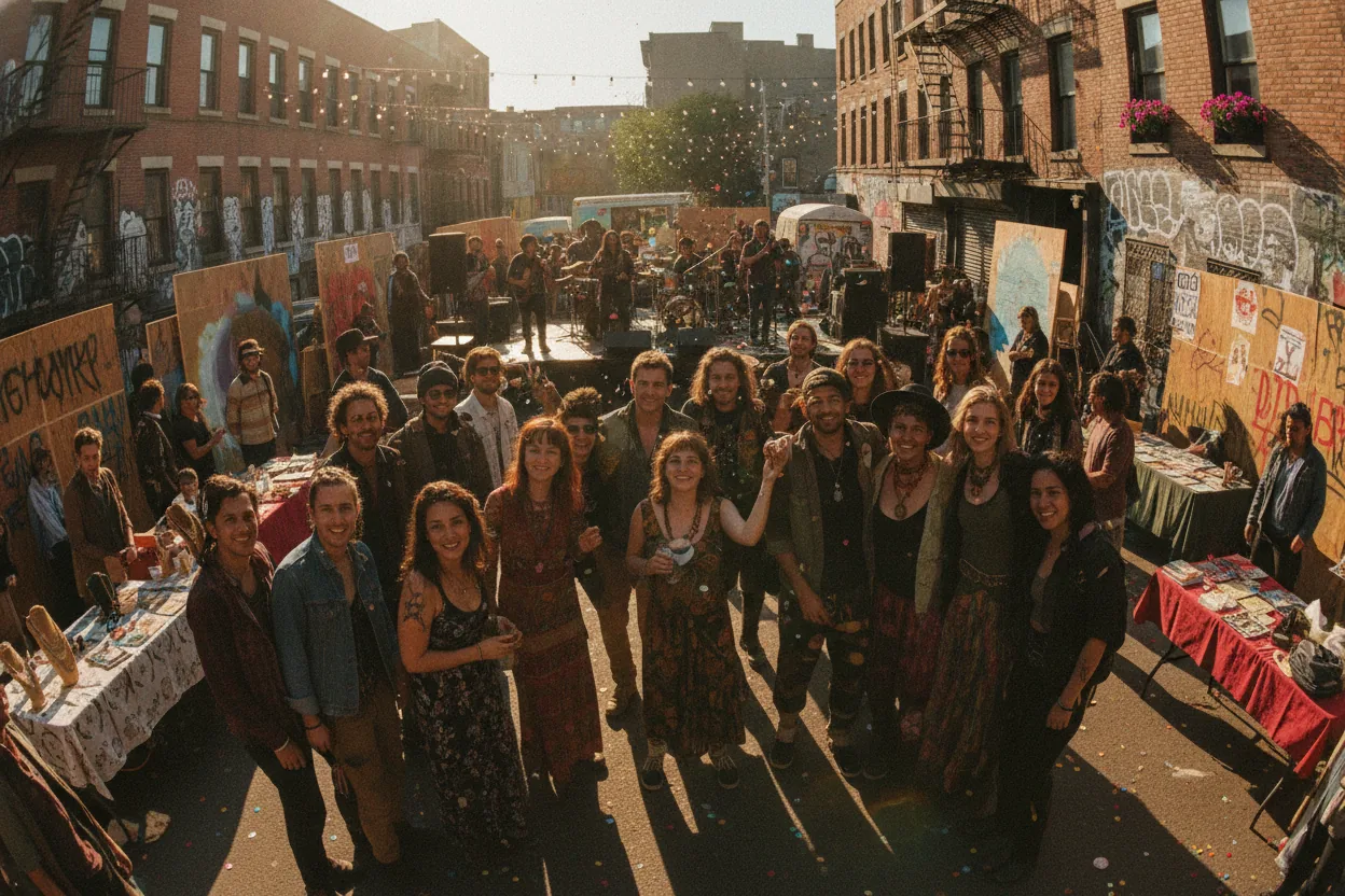 Groups of people in thrifted outfits at an urban street event with music and activities in the background.
