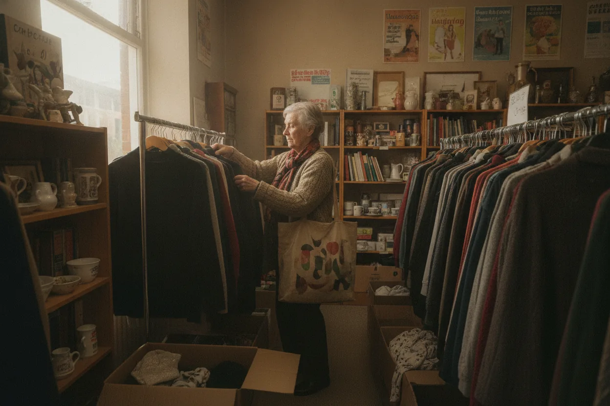 An older woman browsing clothes in a busy charity shop aisle filled with various items.