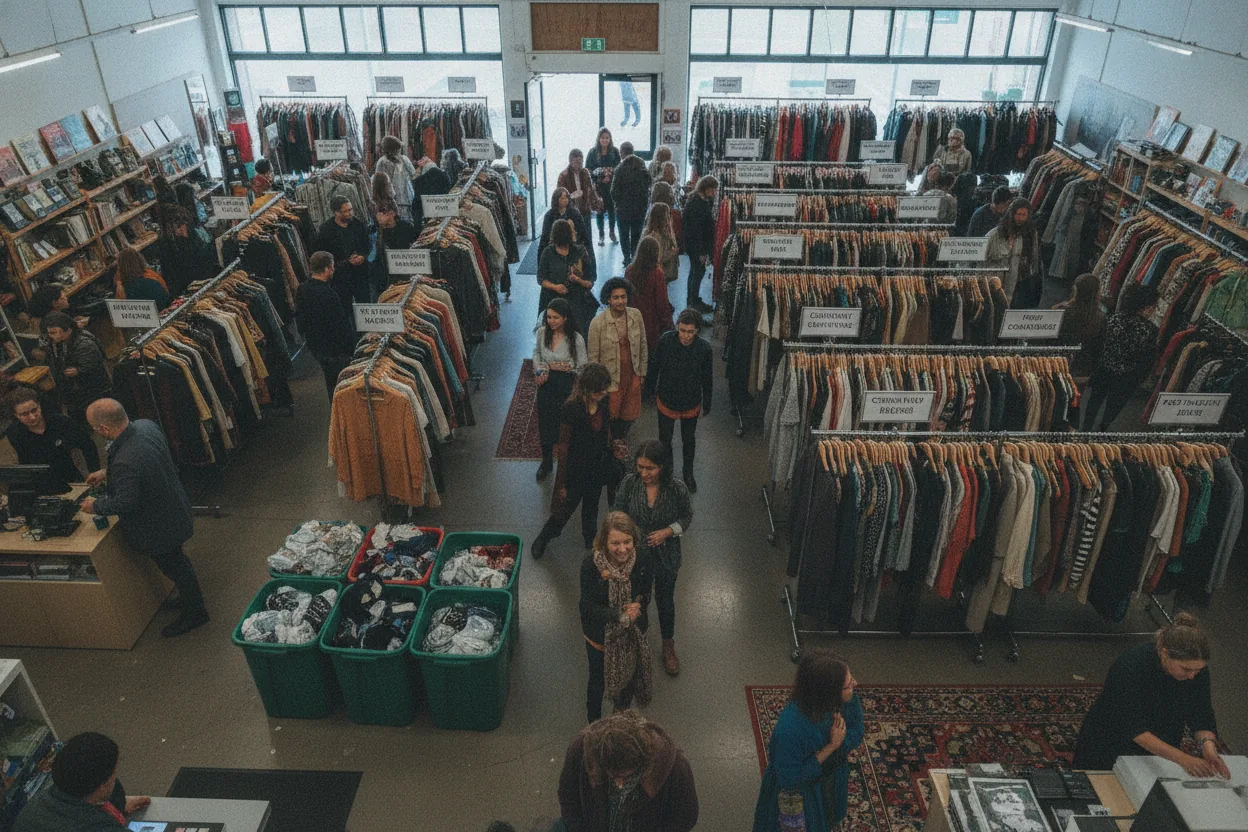 Overhead view of a diverse group of people shopping in a busy charity shop.
