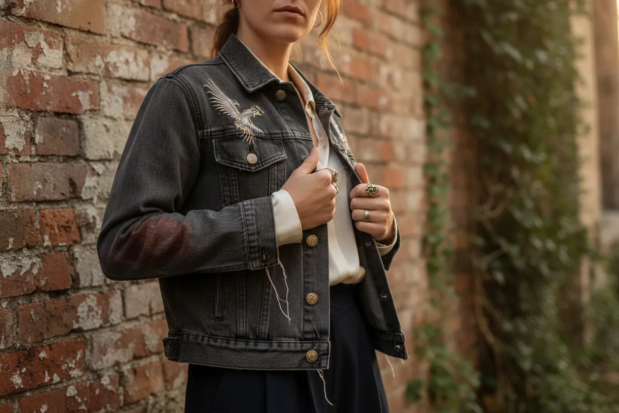 A medium shot of a person wearing a jacket with visible imperfections like stains and missing buttons.