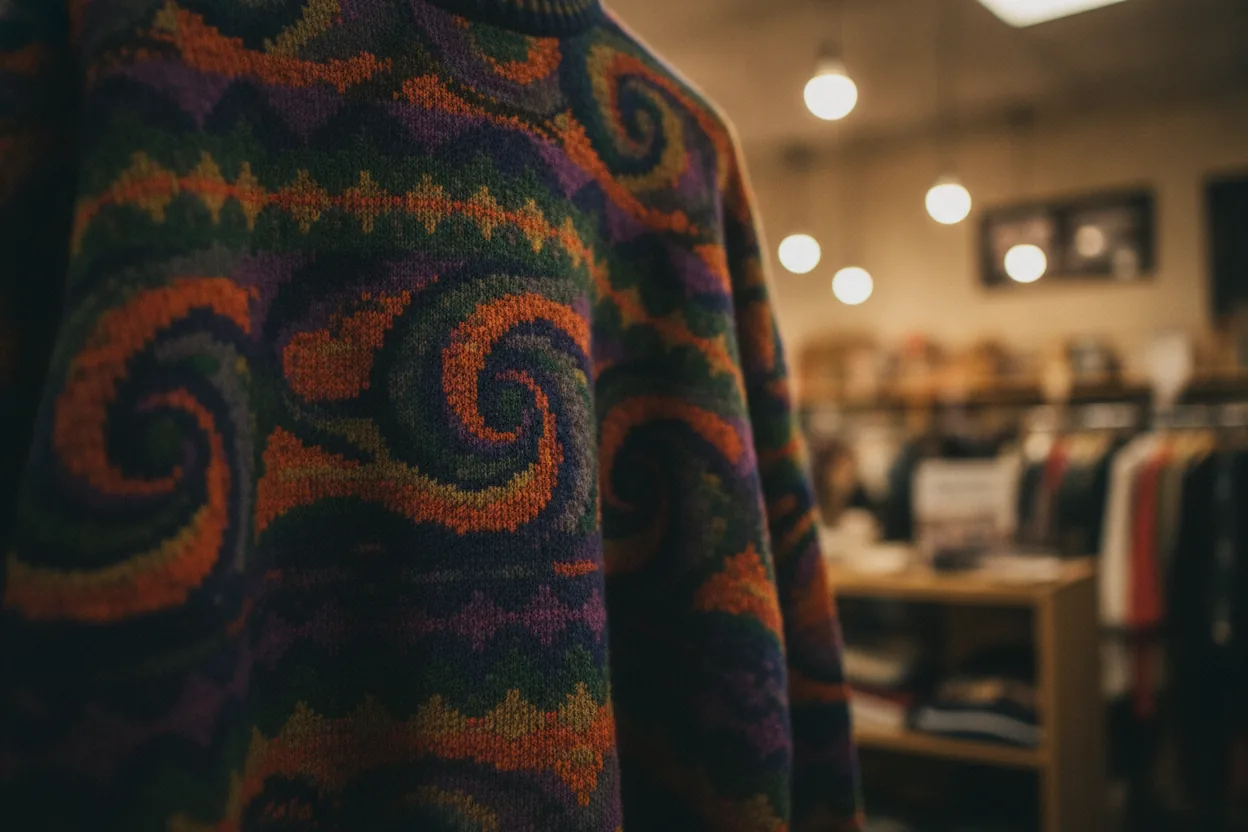 Close-up of a colorful vintage Coogi sweater with intricate patterns against a blurred background.