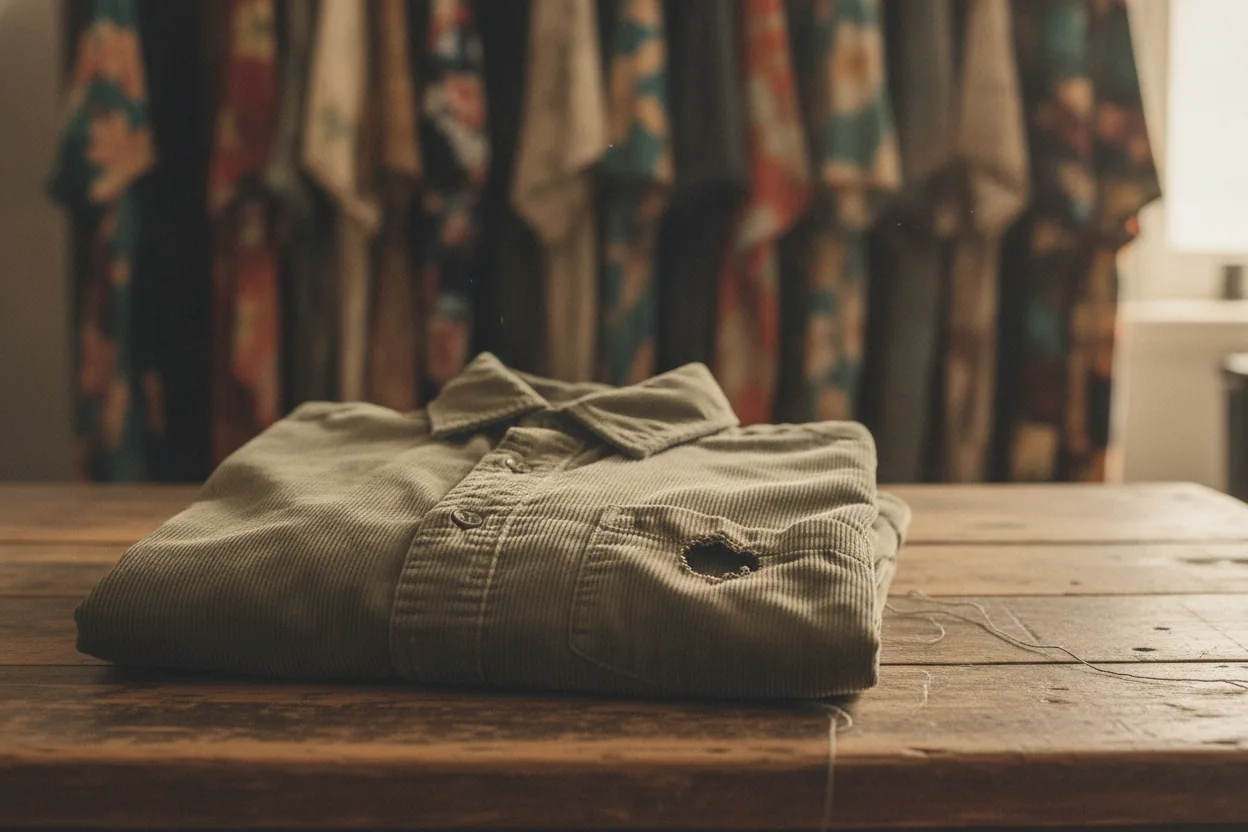 A corduroy shirt with a cigarette burn on the chest pocket on a wooden table, surrounded by Hawaiian shirts in the background.