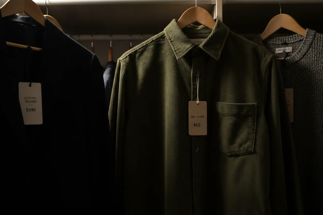 Corduroy shirt hanging in a closet with visible retail price tags around it.