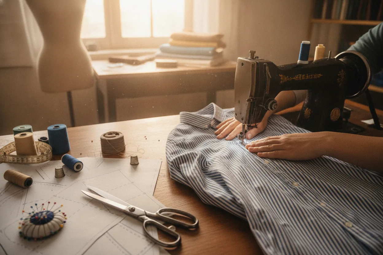 Hands sewing a large men's button-down shirt with scissors and patterns nearby.