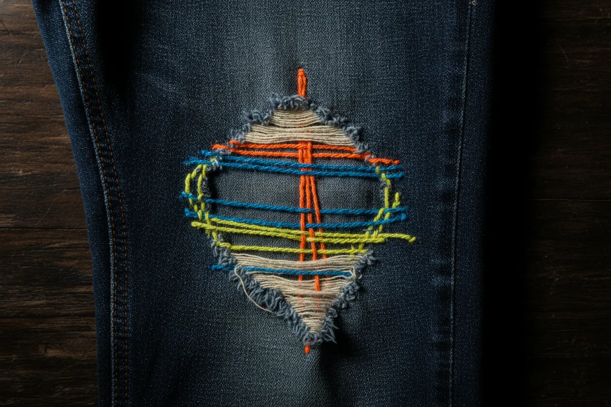 A close-up overhead shot of denim with contrasting stitches across a knee tear on a dark wood surface.