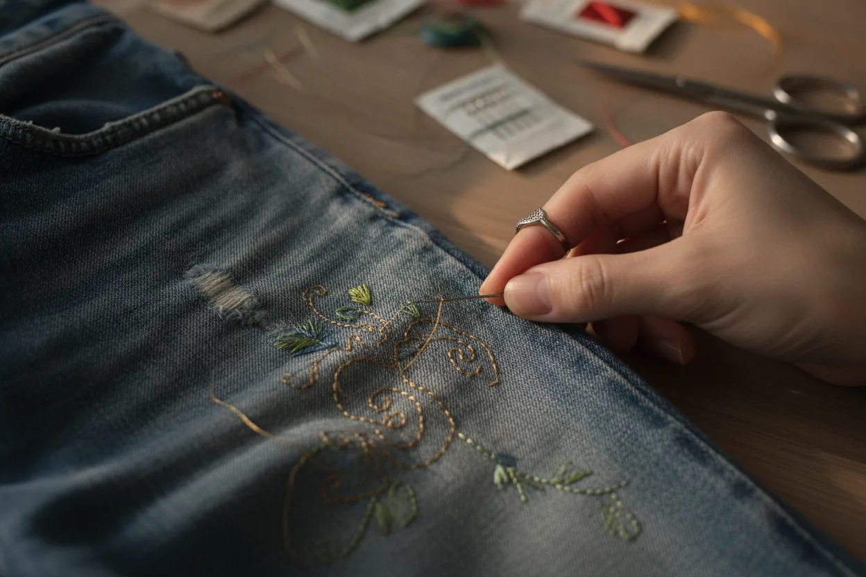 Close-up of hands sewing on denim jeans with visible mending technique in a simple workspace.