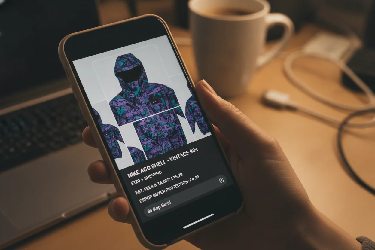 Close-up of a smartphone screen showing a clothing listing on Depop, with fingers swiping images.