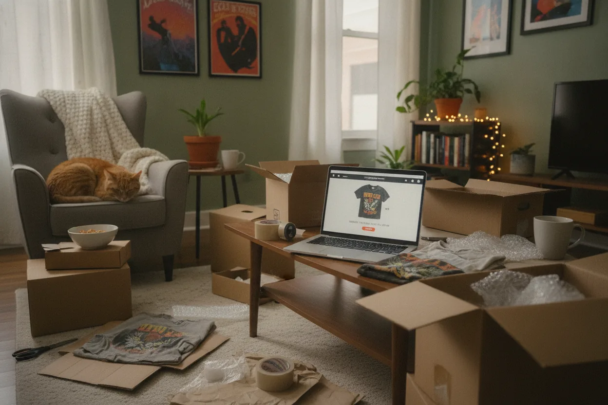 A laptop displaying a Depop listing on a desk surrounded by shipping materials in an apartment setting.