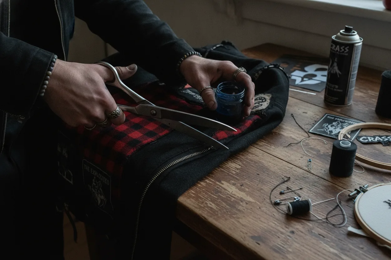 Close-up of hands altering a punk jacket with sewing tools, fabric scissors, and dye on a kitchen table.