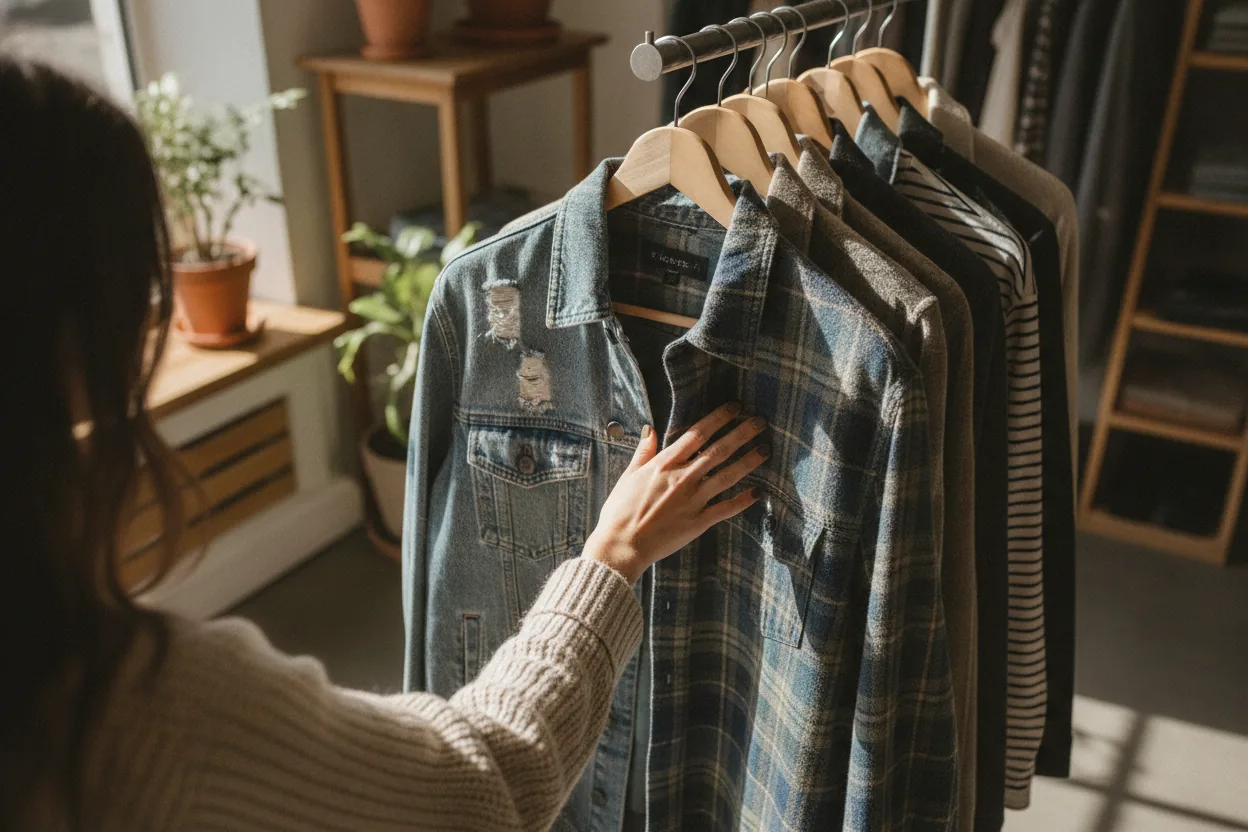 A high-angle shot of a hand reaching for an oversized button-down shirt among other garments on a thrift store rail.