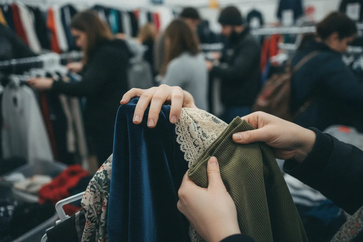 Hands feeling through various fabrics such as velvet and lace in a thrift store aisle.