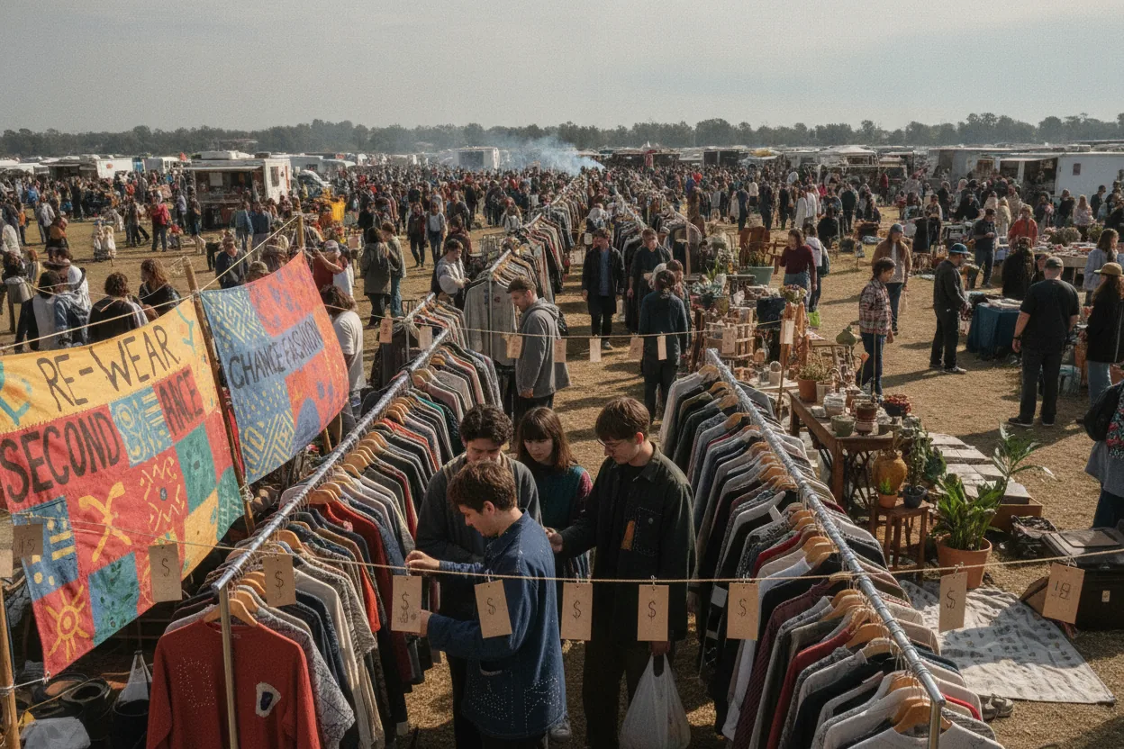 A bustling flea market with people examining clothing items, some visibly mended, amidst colorful surroundings.