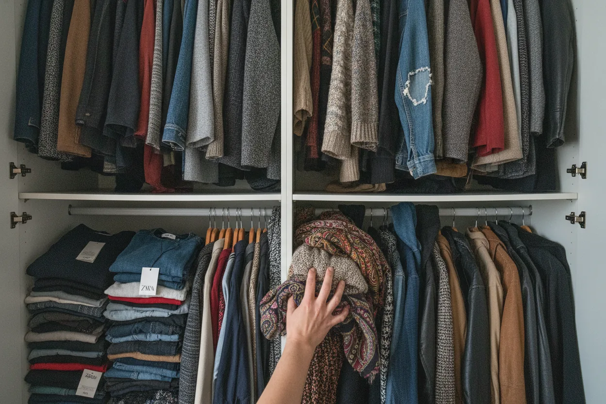 An overhead view of a wardrobe with mass-retail and secondhand clothes, a hand reaching for thrifted items.