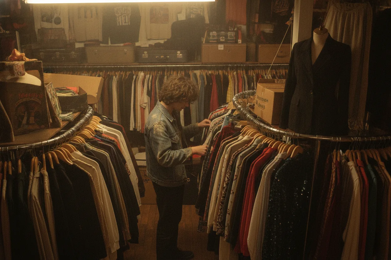 A young adult browses through a variety of colorful clothes on a thrift store rack under warm lighting.