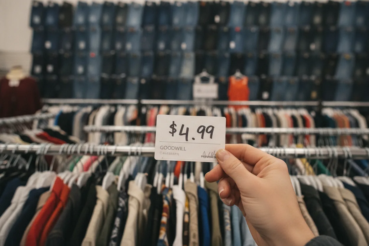 A hand holding a price tag with clothing racks behind in a thrift store, showing prices below five dollars.