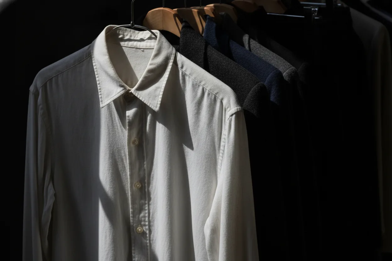 Close-up of a vintage white shirt on a rack among darker clothing, creating high contrast.