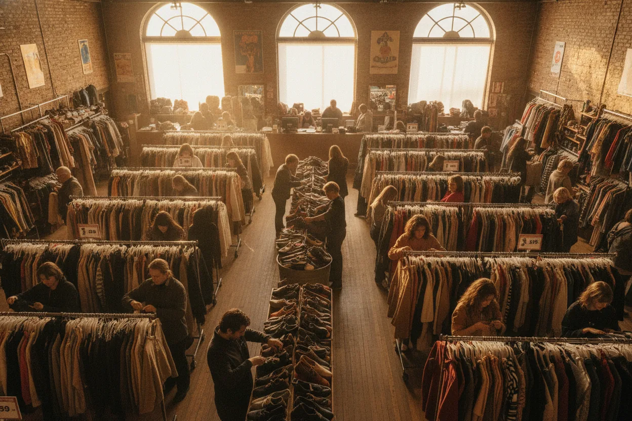 A high-angle view of a thrift store interior with several shoppers examining clothes under bright lighting.