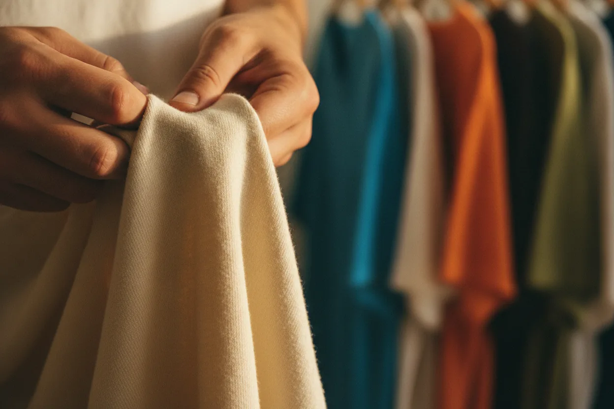 A close-up of hands inspecting the fabric of a heavyweight cotton t-shirt in a thrift store.