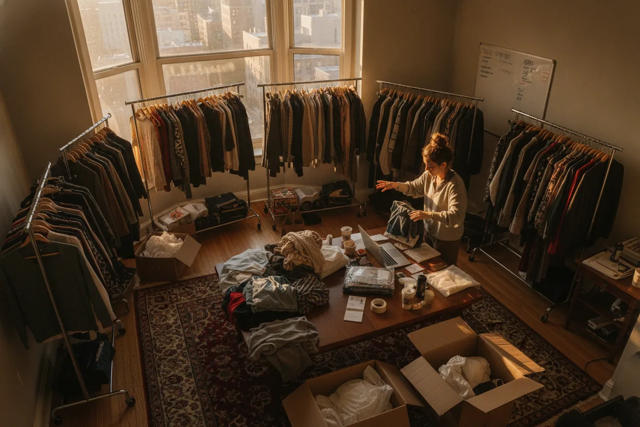 Busy workspace in an apartment with clothing racks, packaging materials, and a person sorting clothes.
