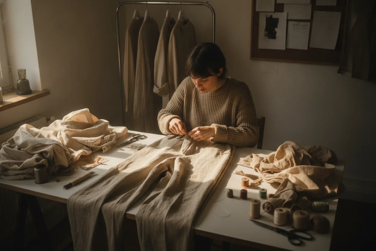 A person seen from above stitching a linen pant at a table cluttered with sewing materials.
