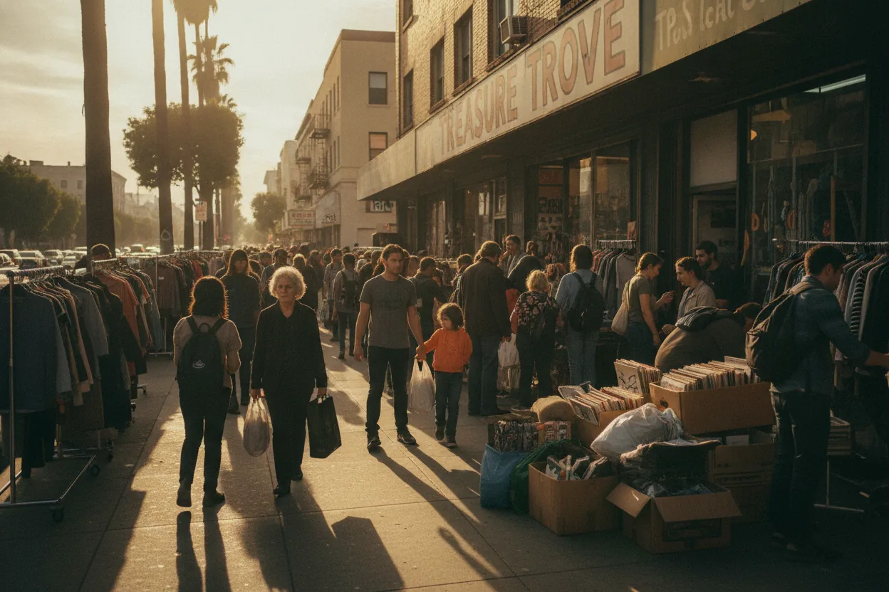 A bustling sidewalk view of a thrift store entrance with people entering and leaving, sunlight casting long shadows.