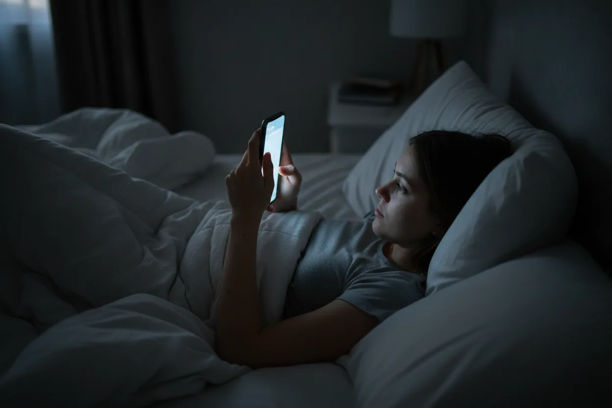 Overhead view of a person in bed during night time, looking at a smartphone, their face softly lit by the screen.