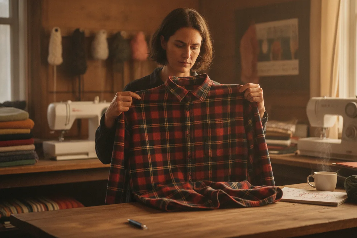Person holding a men's XL plaid flannel in a crafting studio, contemplating a single edit.