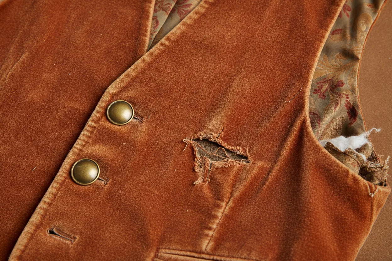 Close-up of a velvet vest with a missing button, torn lining, and unique color.