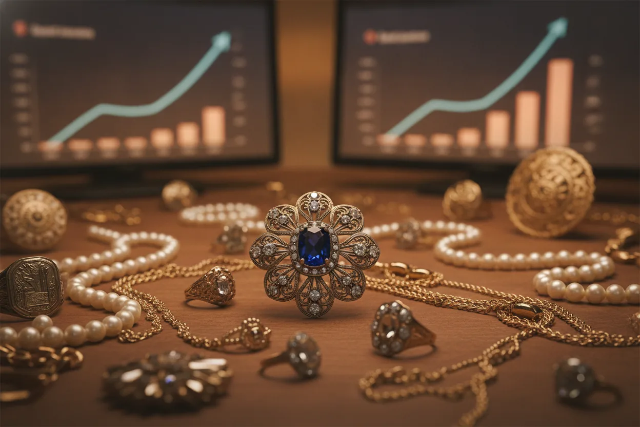 Medium shot of a table with assorted opulent vintage jewelry and blurred charts in the background.