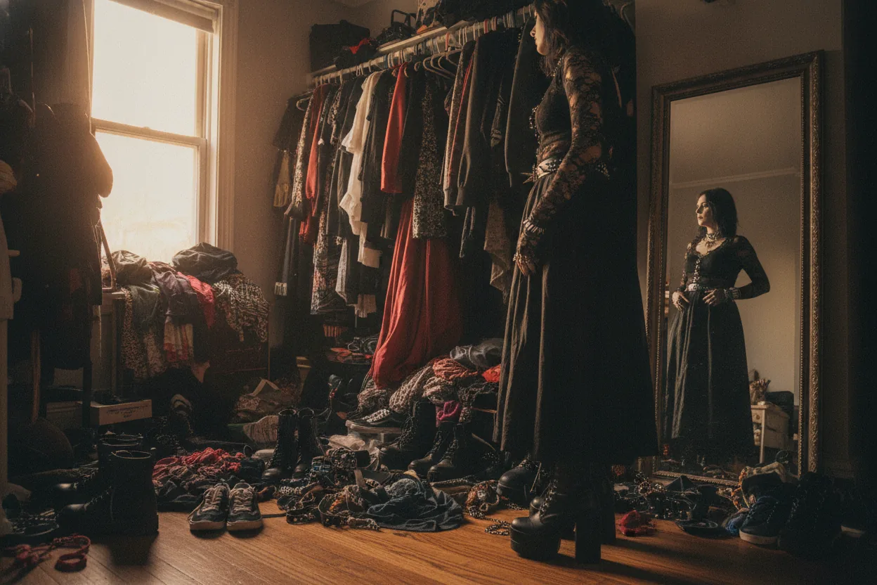 Wide view of an open closet overflowing with gothic clothing, with a mirror reflecting a person's gothic outfit.