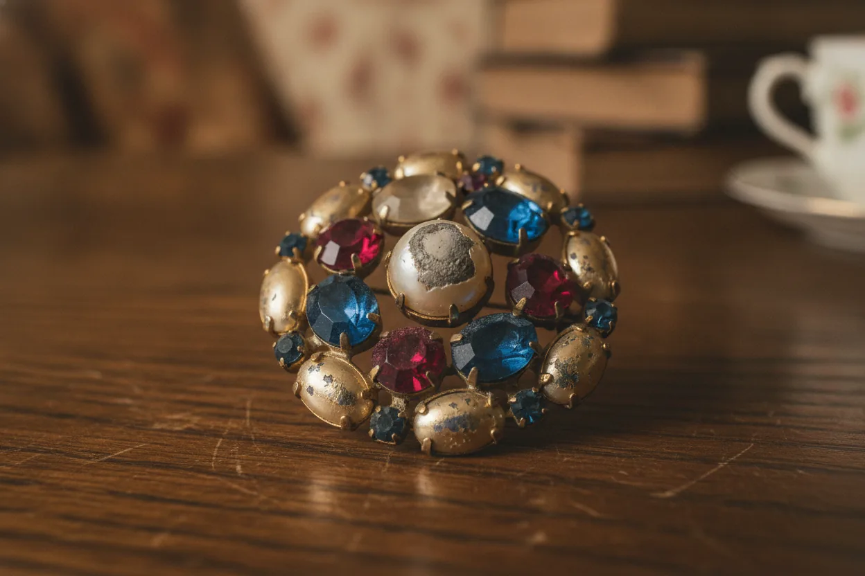 Close-up of a vintage brooch with flaky gold and faux gemstones on a wooden surface.