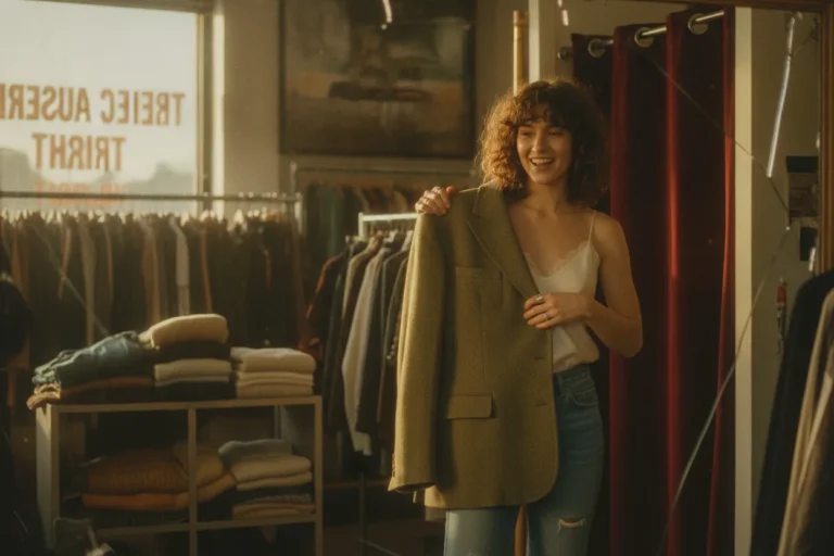 A young woman in a thrift store trying on a vintage blazer in front of a cracked mirror, surrounded by cluttered racks.