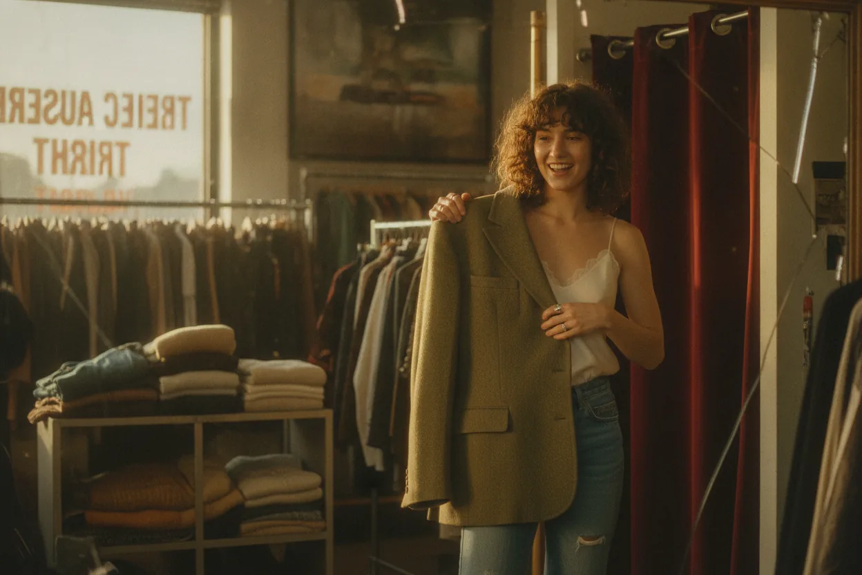 A young woman in a thrift store trying on a vintage blazer in front of a cracked mirror, surrounded by cluttered racks.