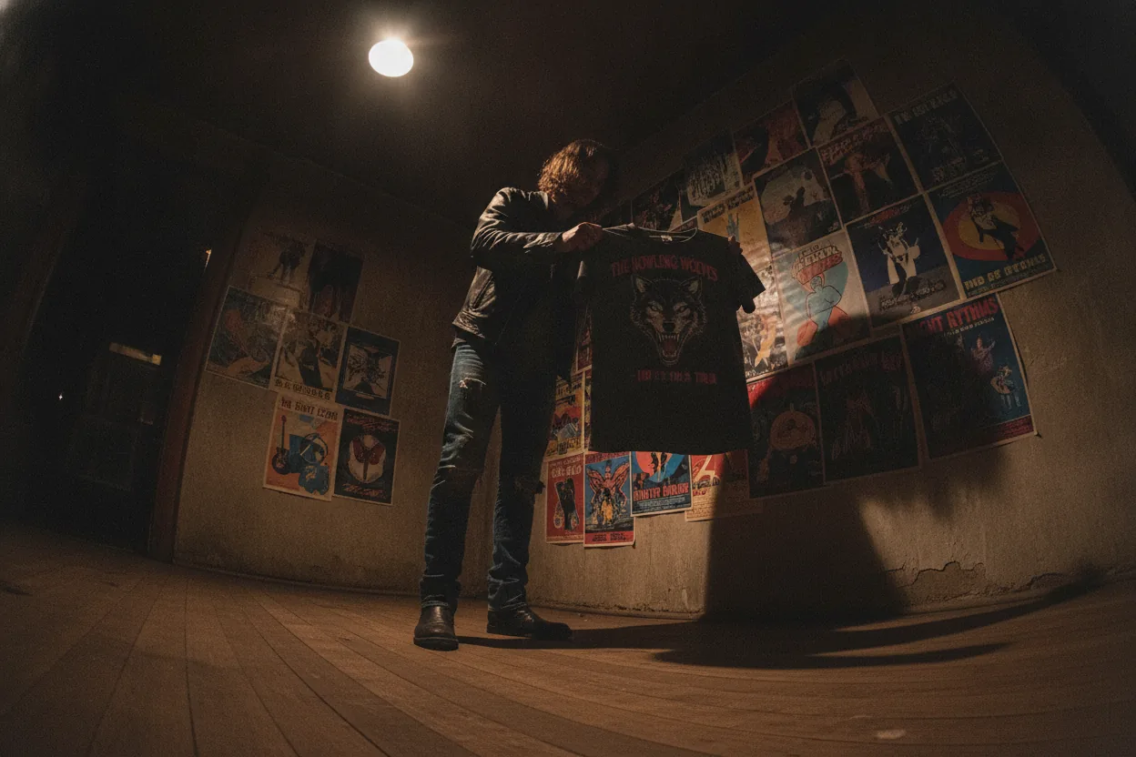 A person examining a vintage band tee in a room lined with old concert posters.