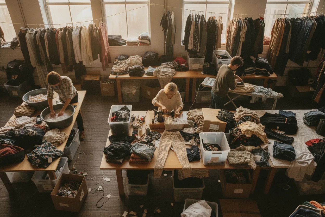 An overhead view of a room filled with secondhand clothes being cleaned and repaired, a person sewing amidst the clutter.