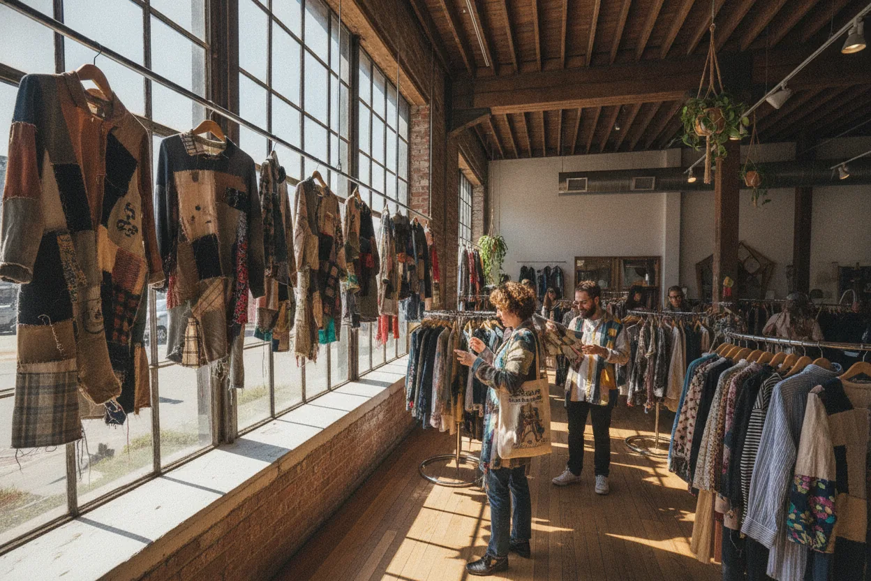 A wide, angled shot of a boutique with patched clothing hanging and people browsing shelves under daylight.