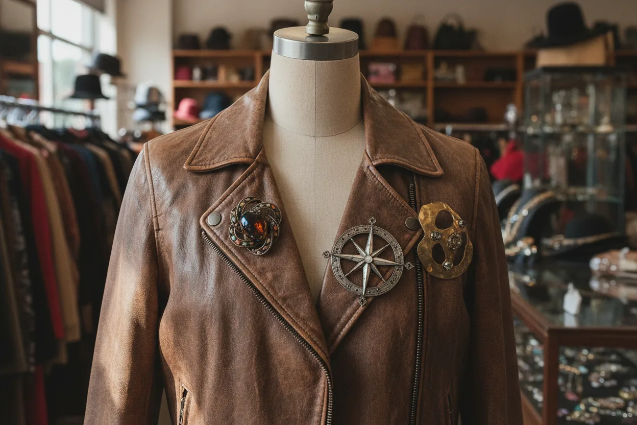A well-used leather jacket on a mannequin adorned with large brooches, with a thrift store setting in the background.