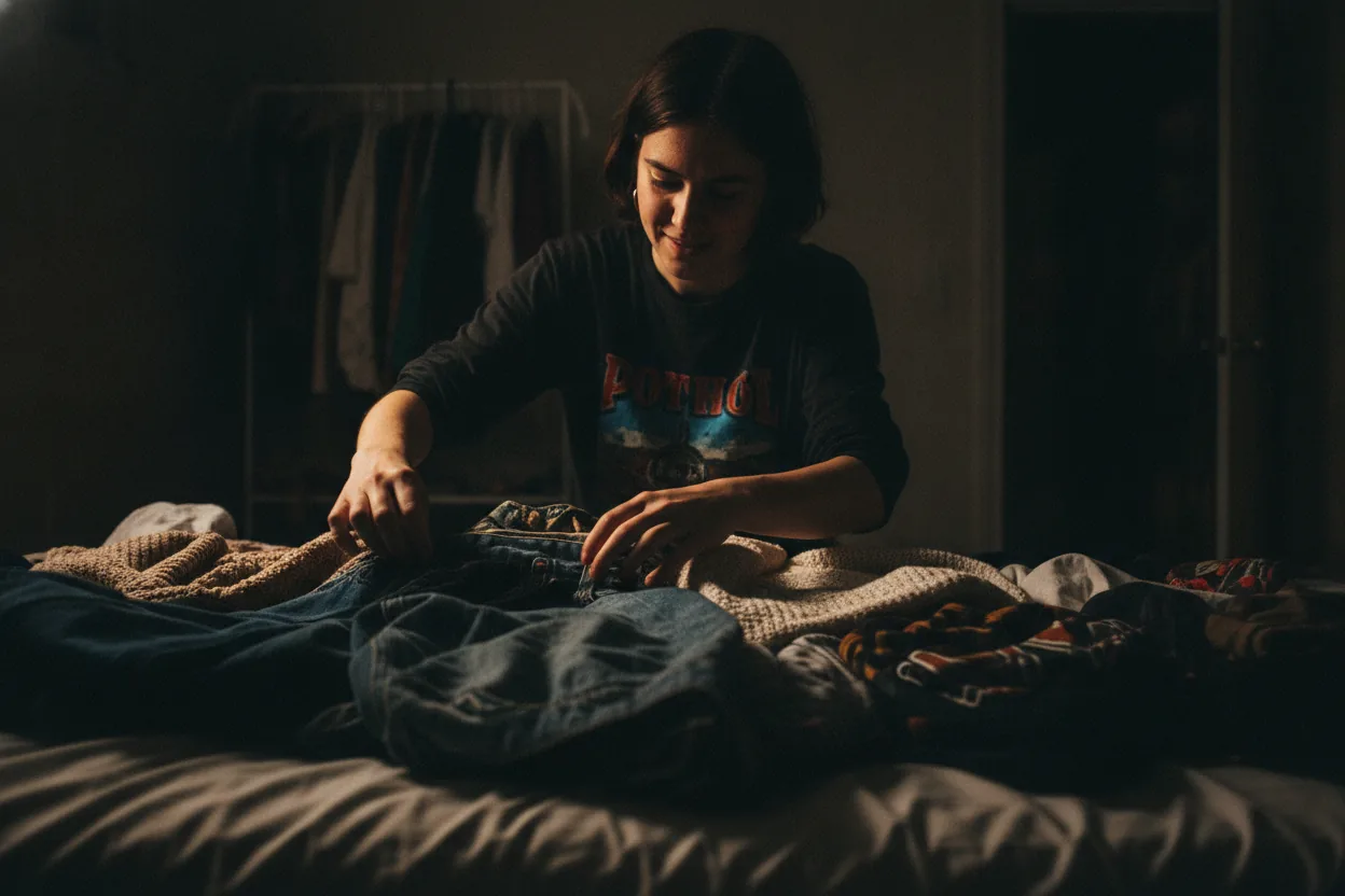 A young person arranging secondhand clothing on a bed with a focused expression.