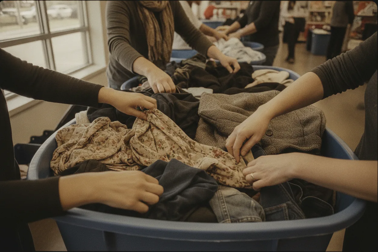 Overhead view of hands rummaging through a thrift store bin filled with various fabrics.