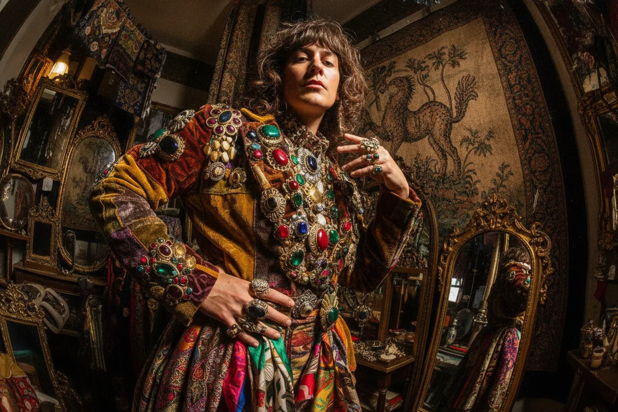 Medium shot of a person adorned with statement jewelry, seen in an eclectic vintage shop under dramatic lighting.