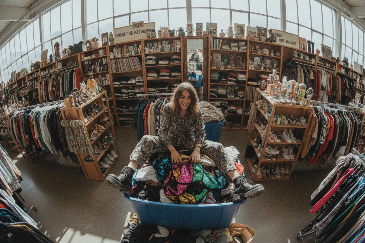 Overhead view of a person digging through a bin of clothes in a thrift store, surrounded by shelves filled with secondhand items.