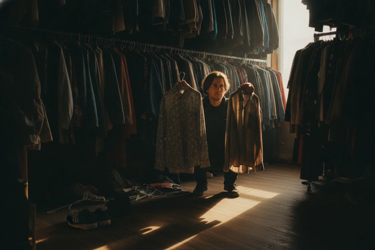 A person holds two shirts in a thrift store aisle, deciding between them. Shelves filled with clothes in the background.