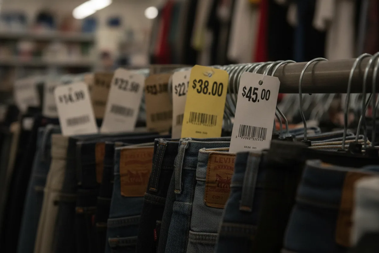 Close-up of price tags on Levi's jeans in a thrift store setting.