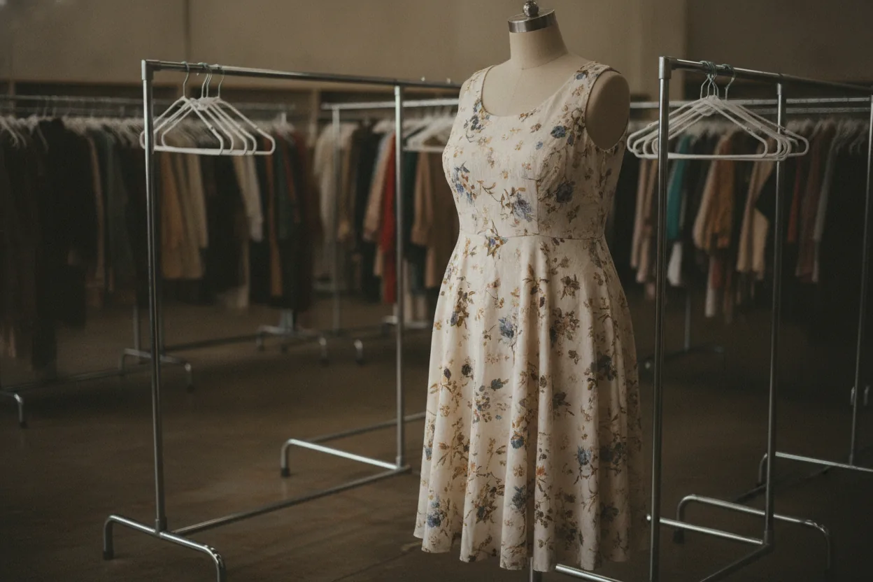 A plus-size dress on a mannequin with sparse clothing racks in a thrift store.