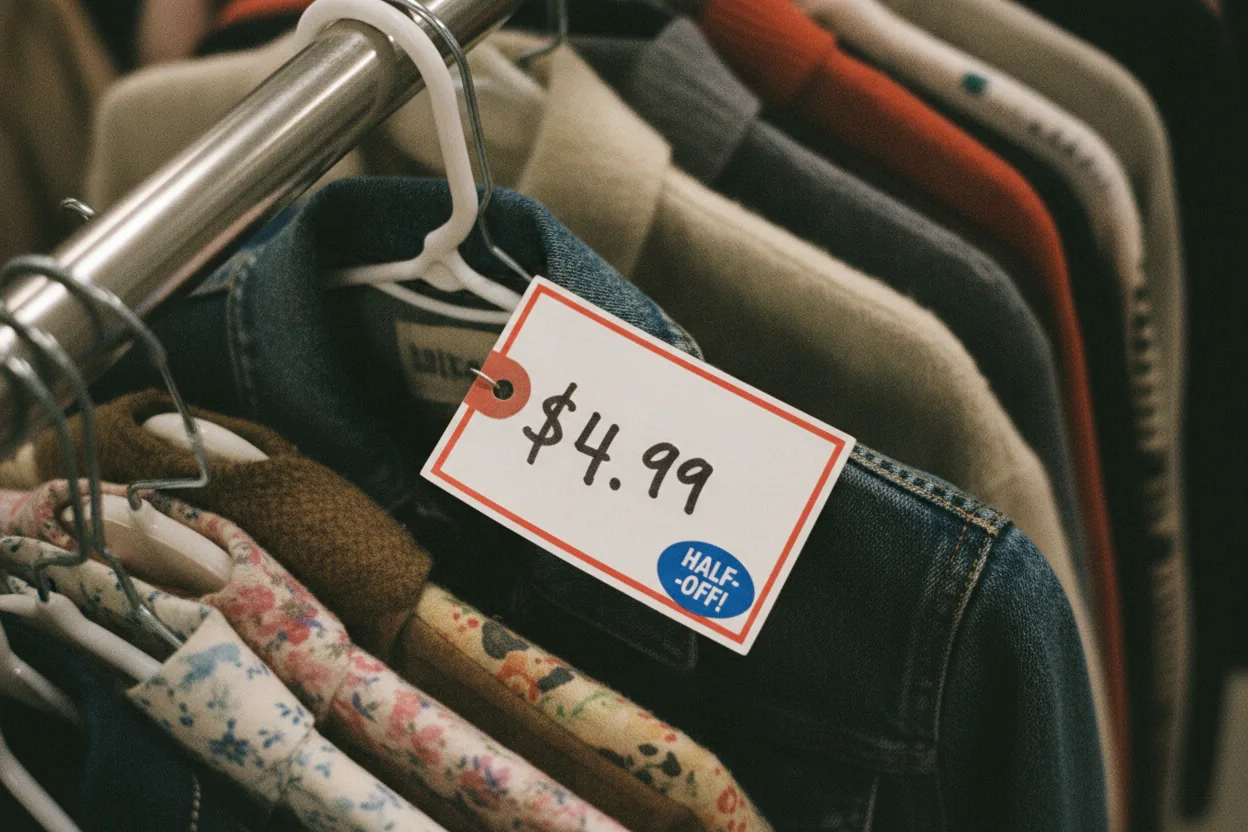 Price tag on a hanger surrounded by a variety of vintage clothing in a thrift store.