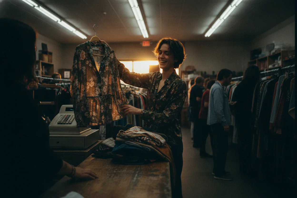 A person at a thrift store checkout holding a silk-blend blouse, with other shoppers browsing in the background.