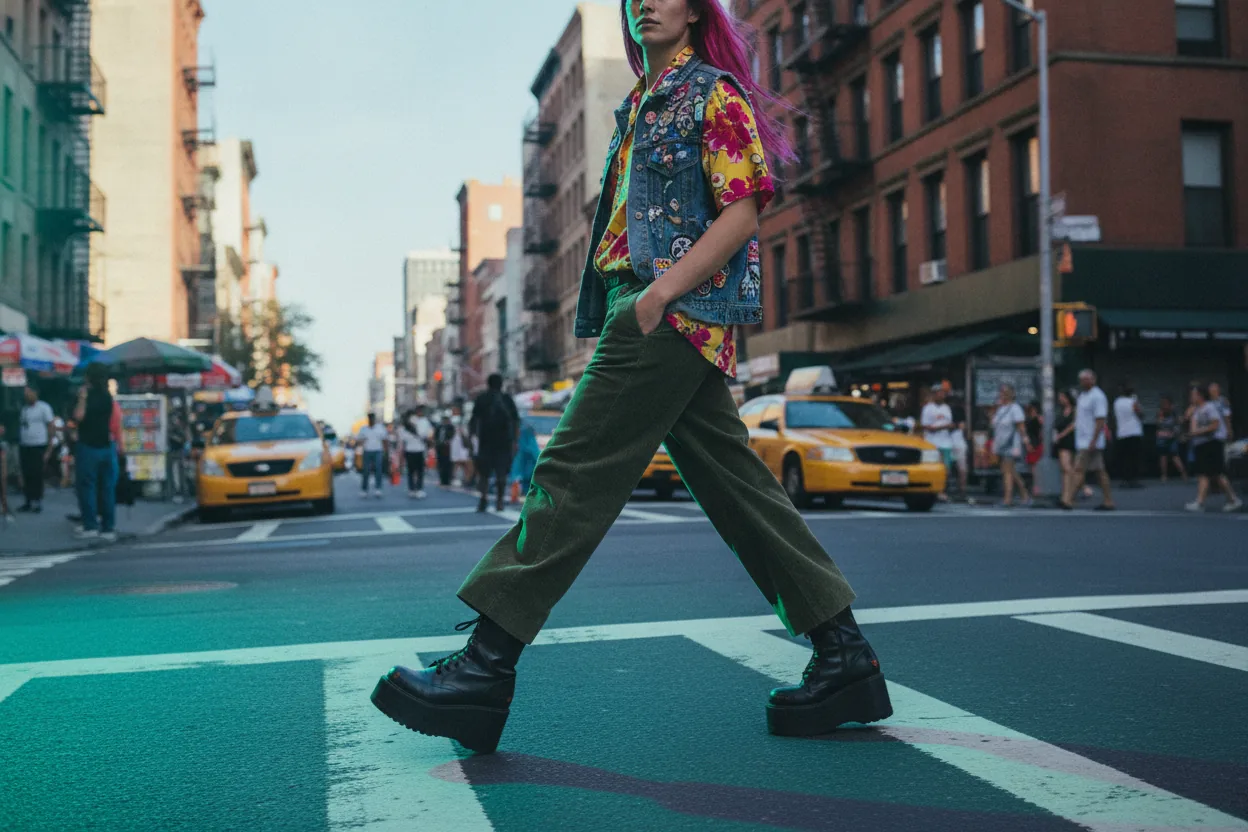 A person wearing multiple bold thrifted clothing items walks through a busy city street.