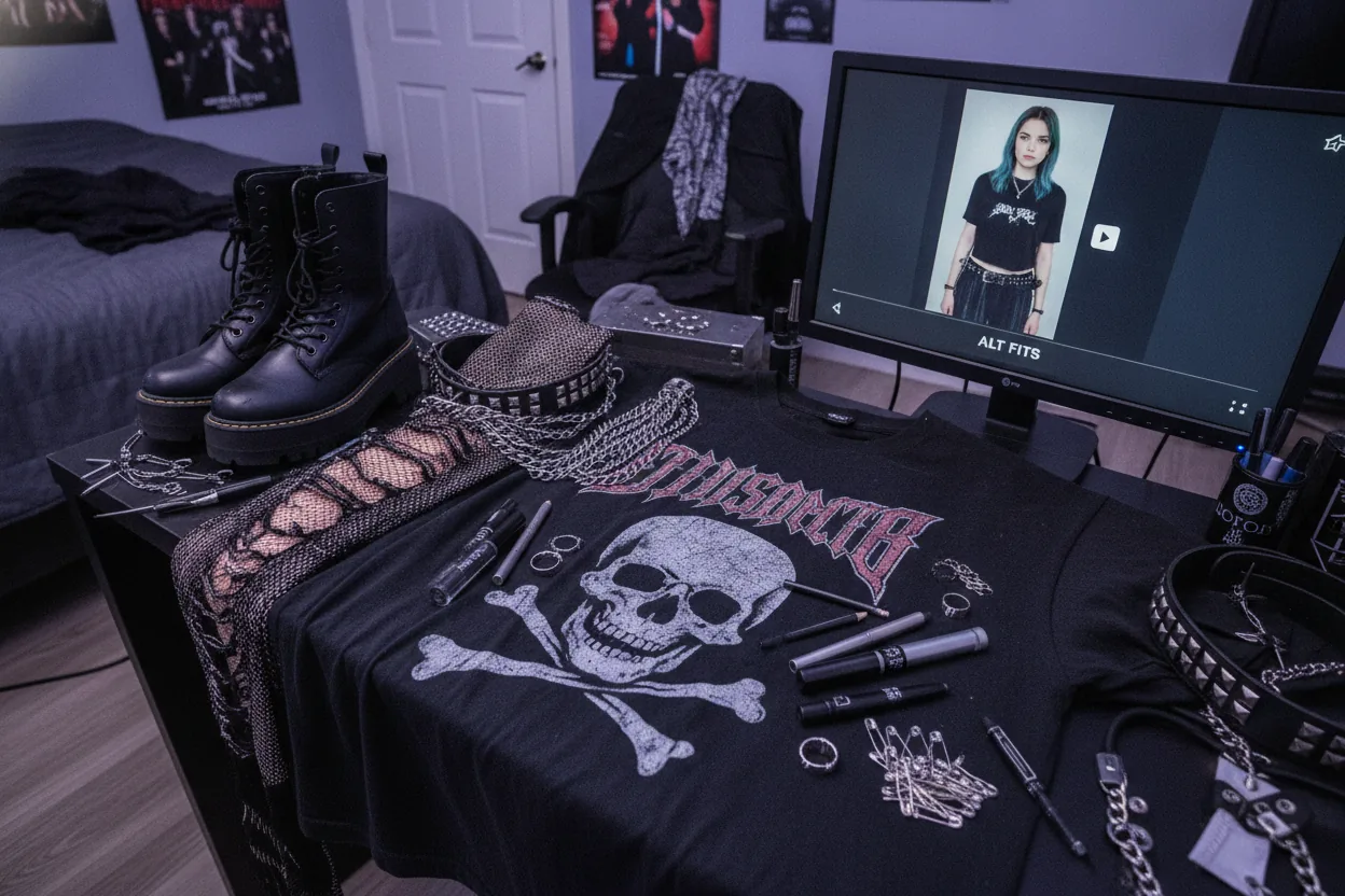 High angle view of a desk cluttered with fashion items like platform boots and fishnet tights, with a paused TikTok video in the background.