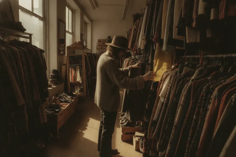 A person browsing through racks of colorful clothing in a vintage store, reaching for a blazer with a torn label.