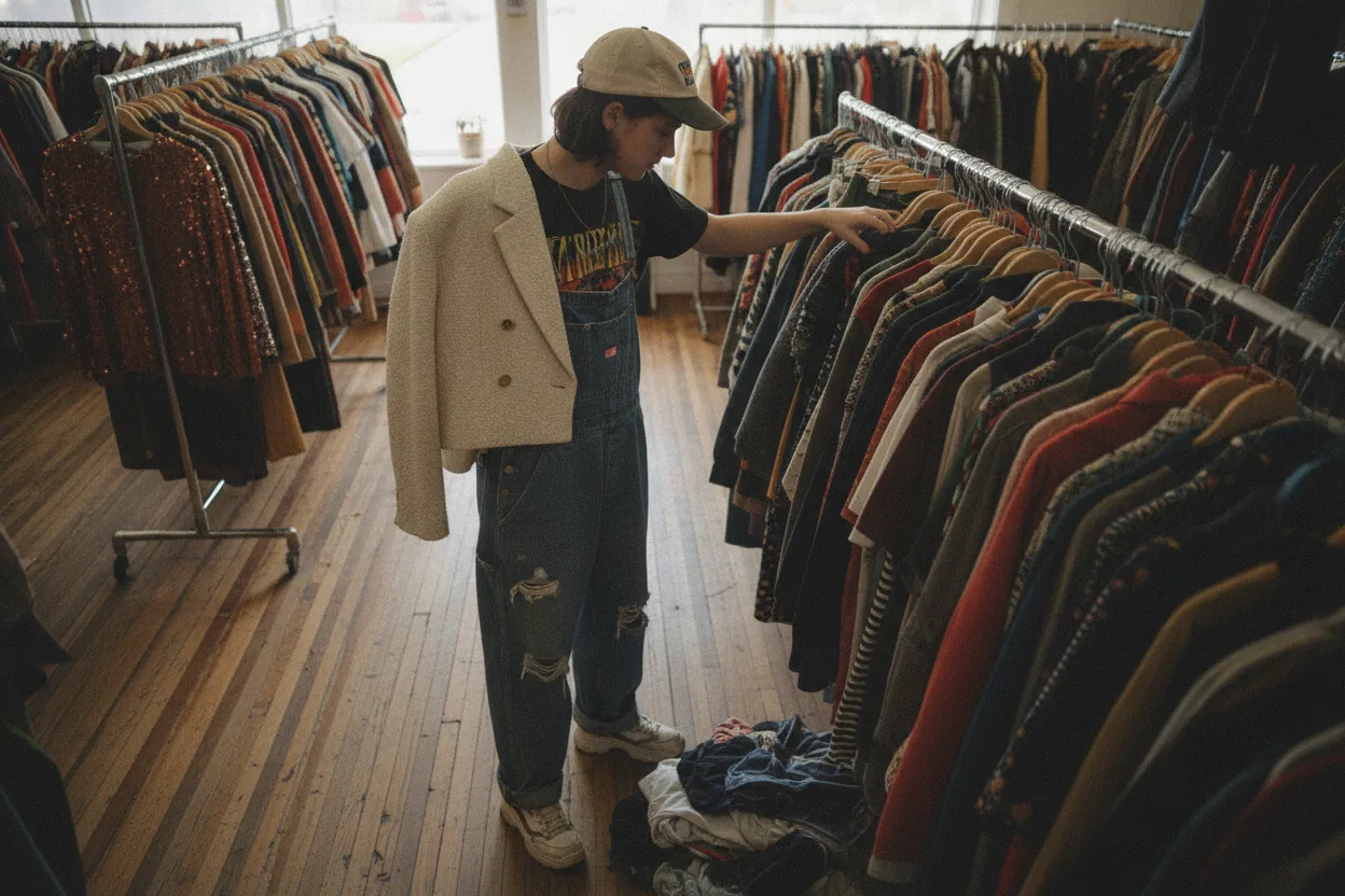 A medium shot of a person holding a 1990s cropped jacket over their shoulder in a thrift store.